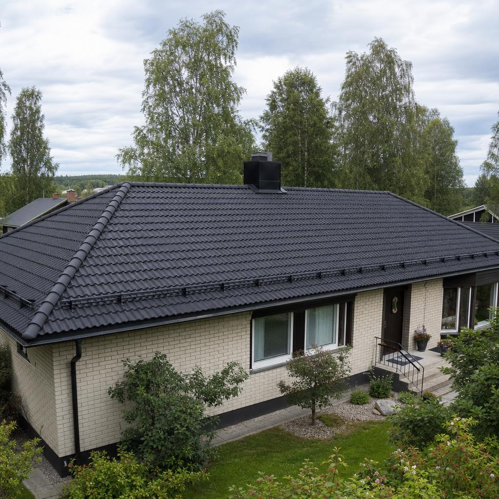 Färdigt mörkt tegeltak på en villa i Västerbotten
